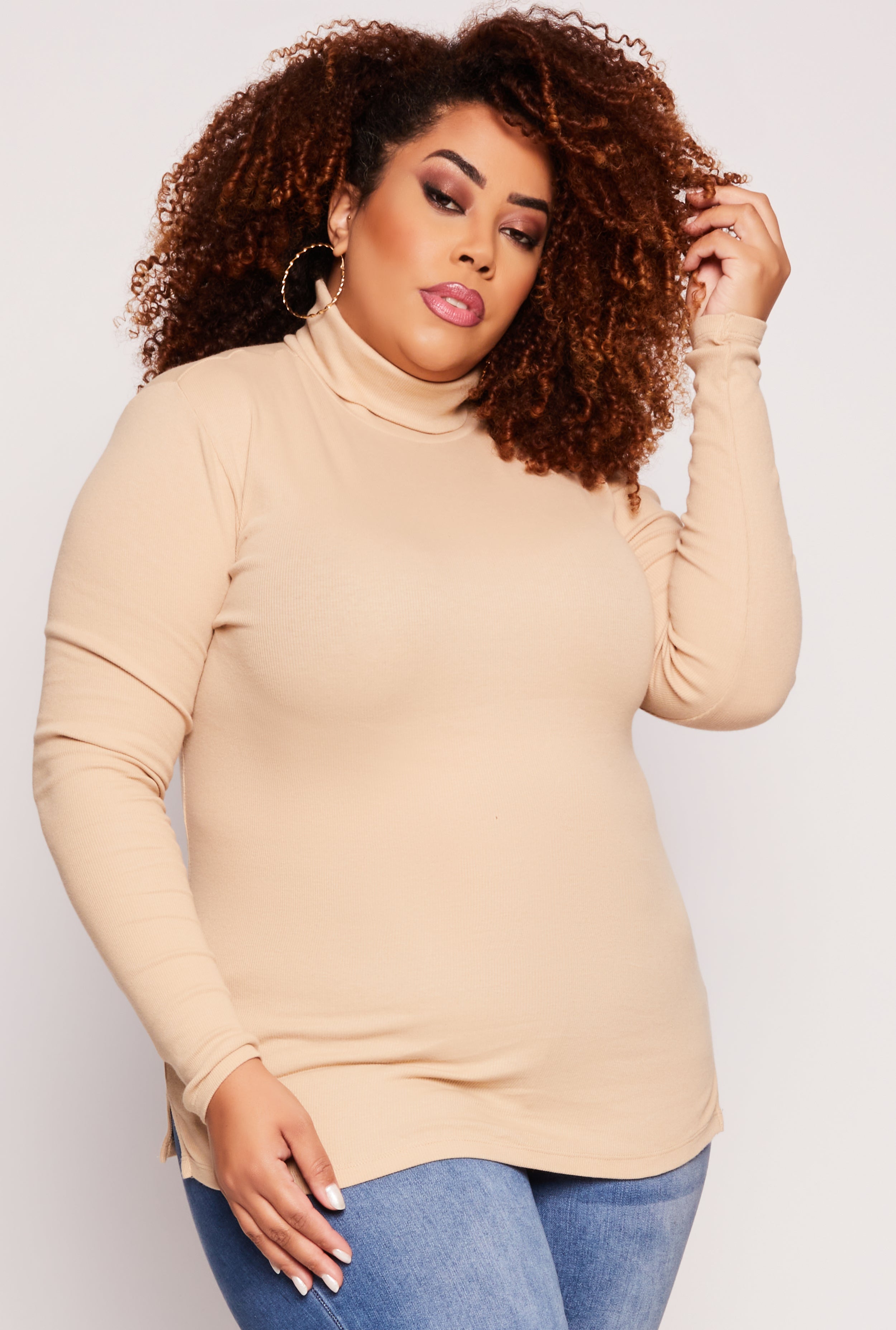 Plus Size Ribbed Knit Long Sleeve Turtleneck Top