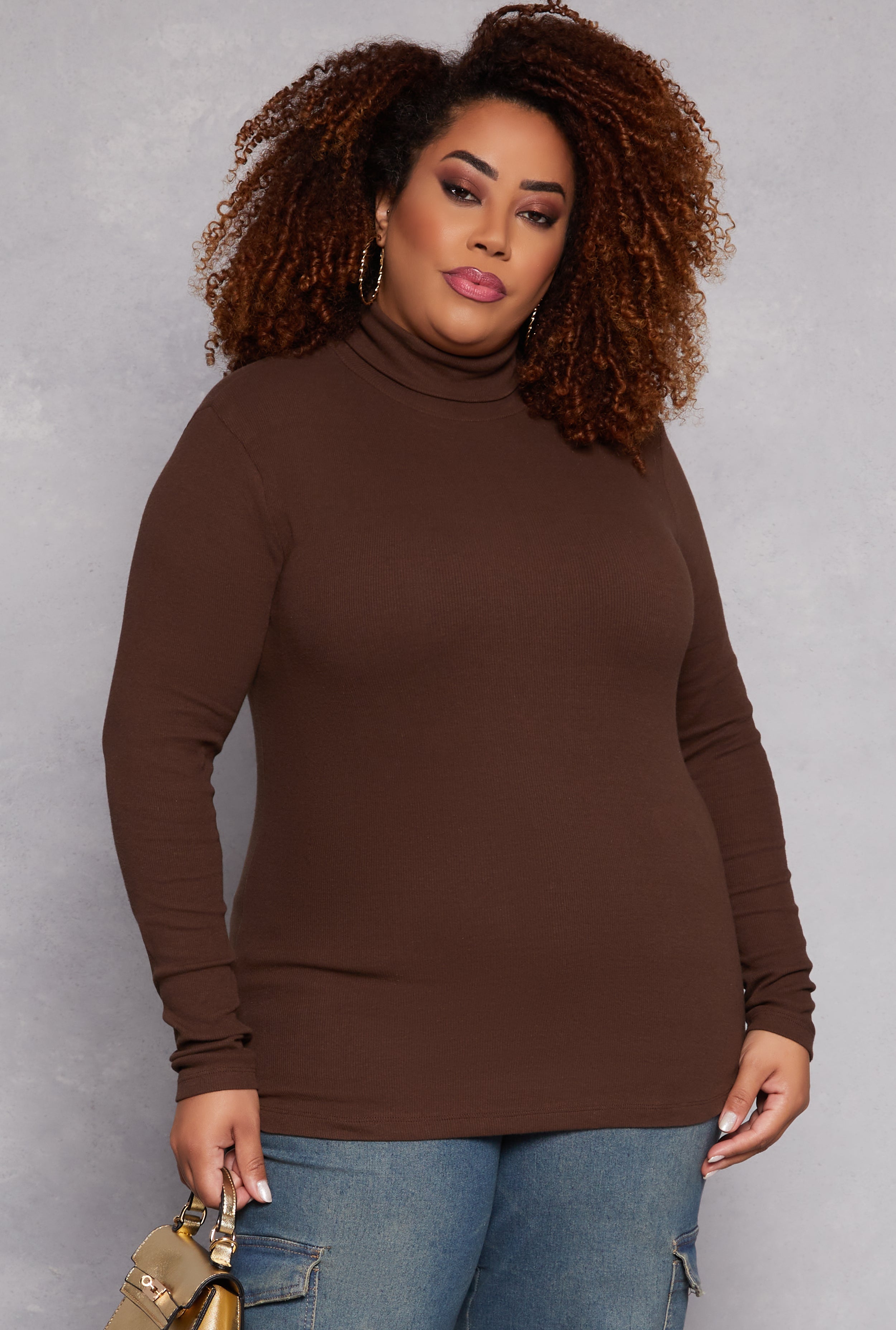 Plus Size Ribbed Knit Long Sleeve Turtleneck Top