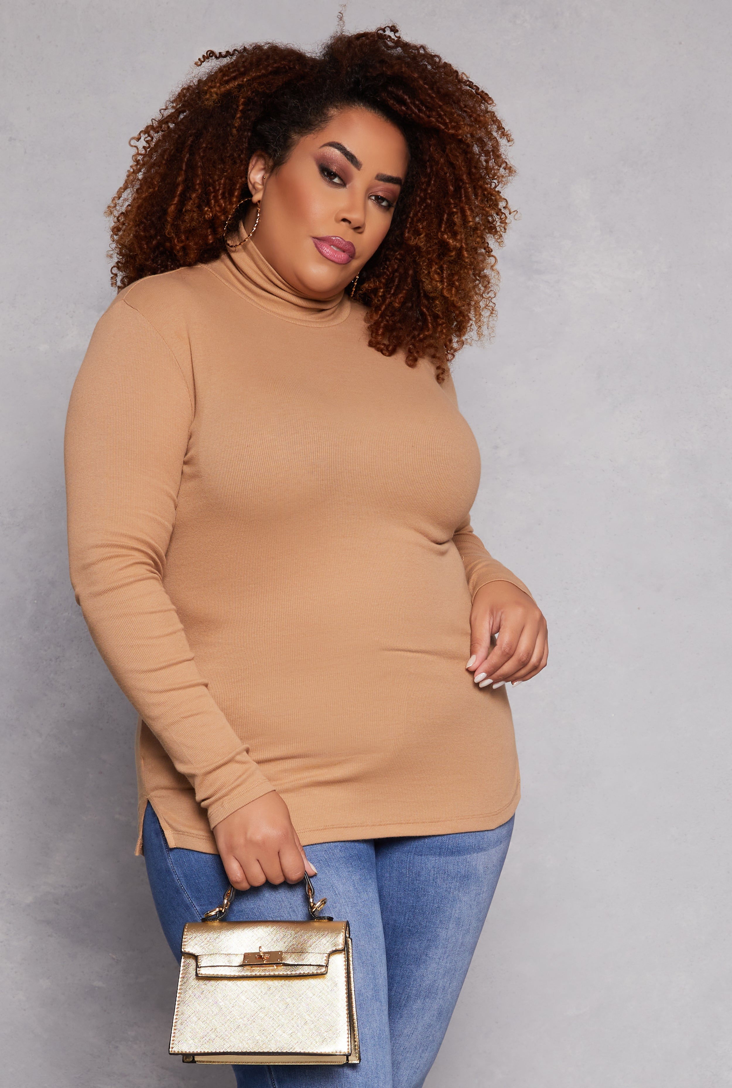 Plus Size Ribbed Knit Long Sleeve Turtleneck Top