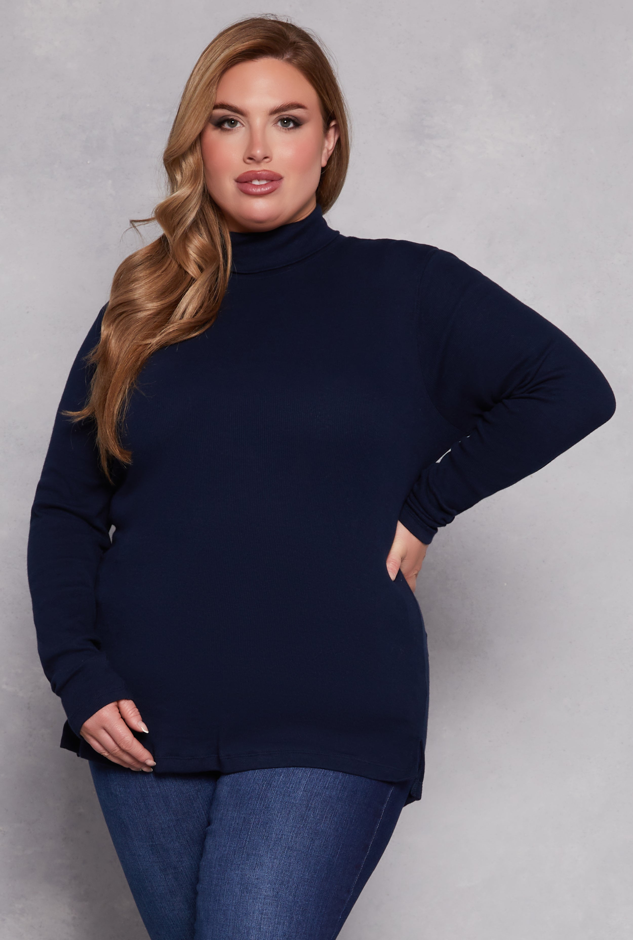 Plus Size Ribbed Knit Long Sleeve Turtleneck Top