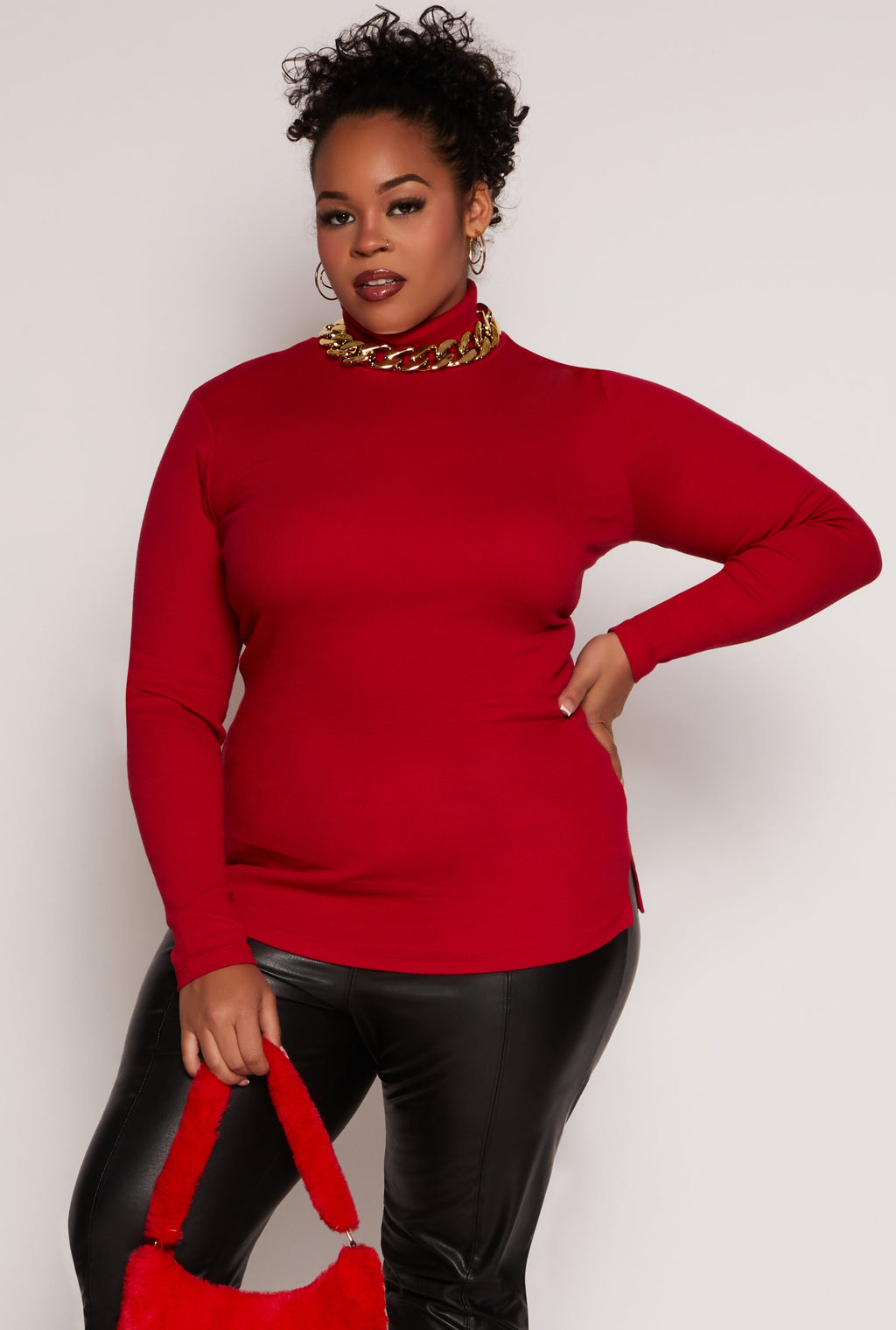 Plus Size Ribbed Knit Long Sleeve Turtleneck Top