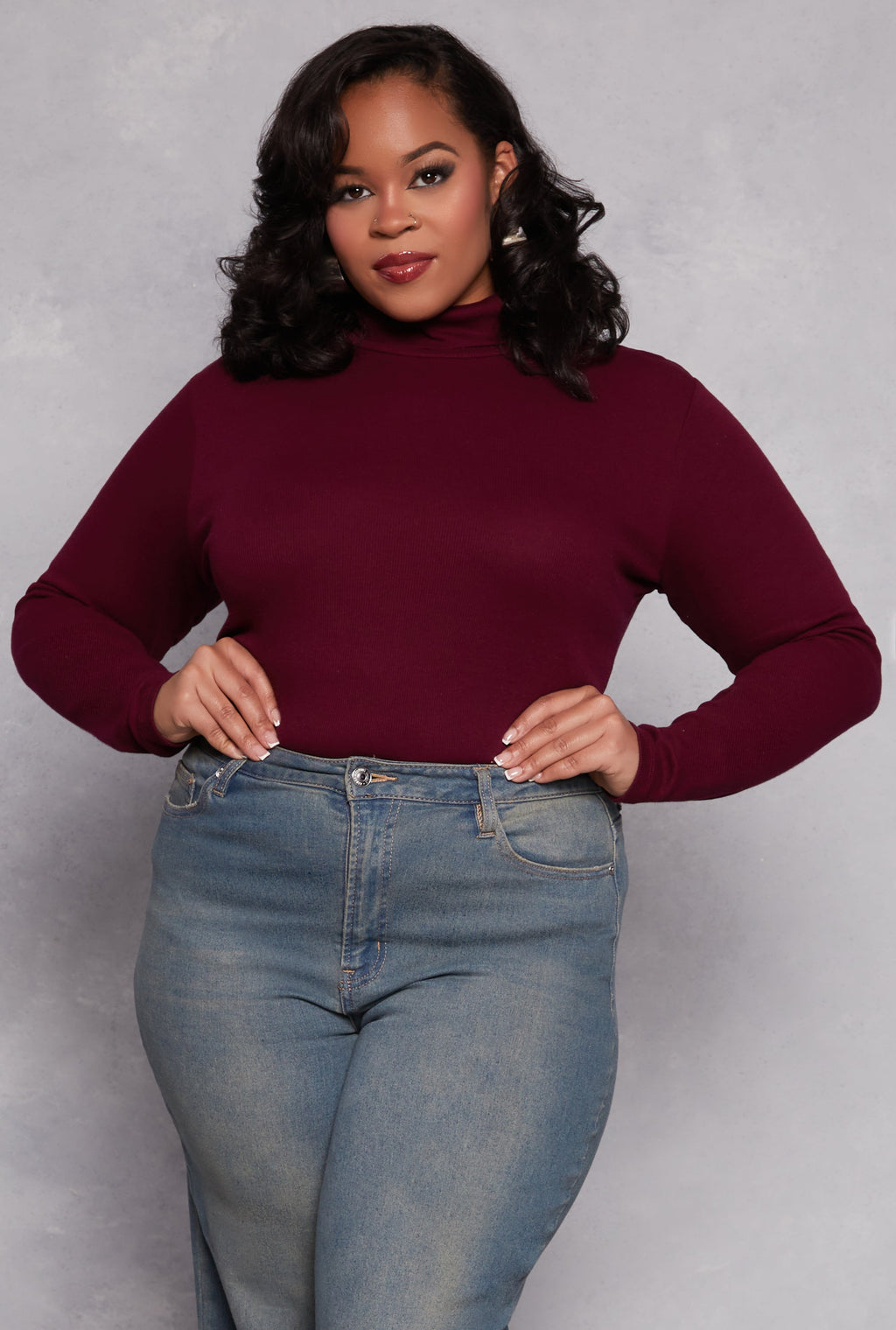 Plus Size Ribbed Knit Long Sleeve Turtleneck Top
