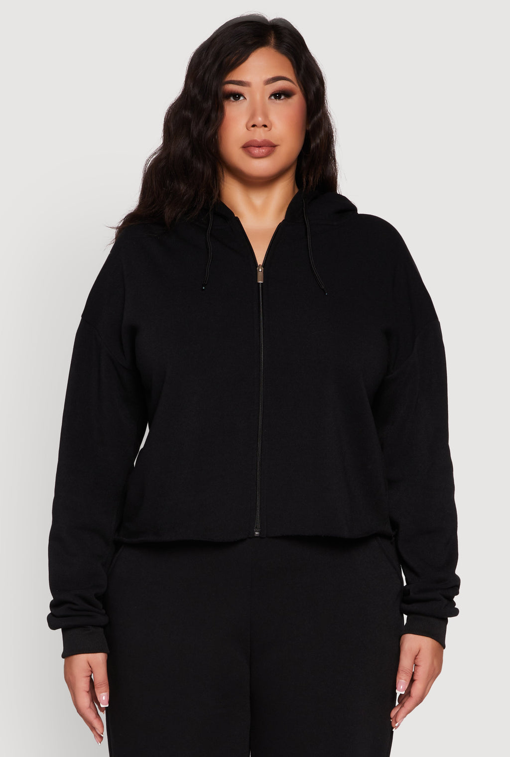 Plus Size Raw Hem Zip Front Hooded Sweatshirt