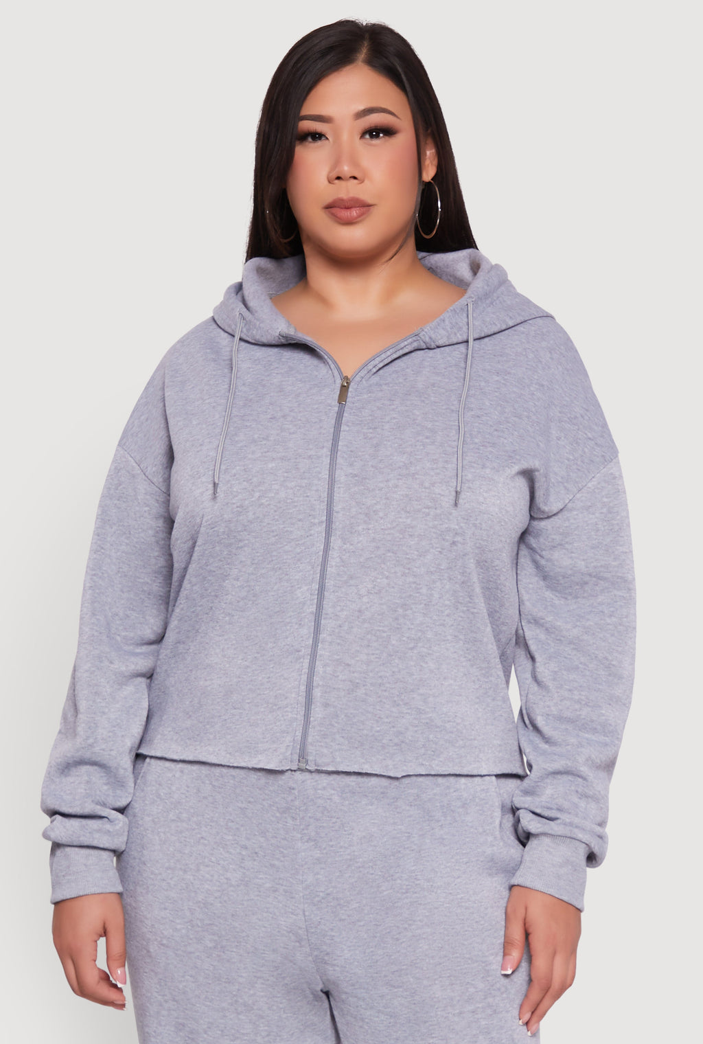 Plus Size Raw Hem Zip Front Hooded Sweatshirt