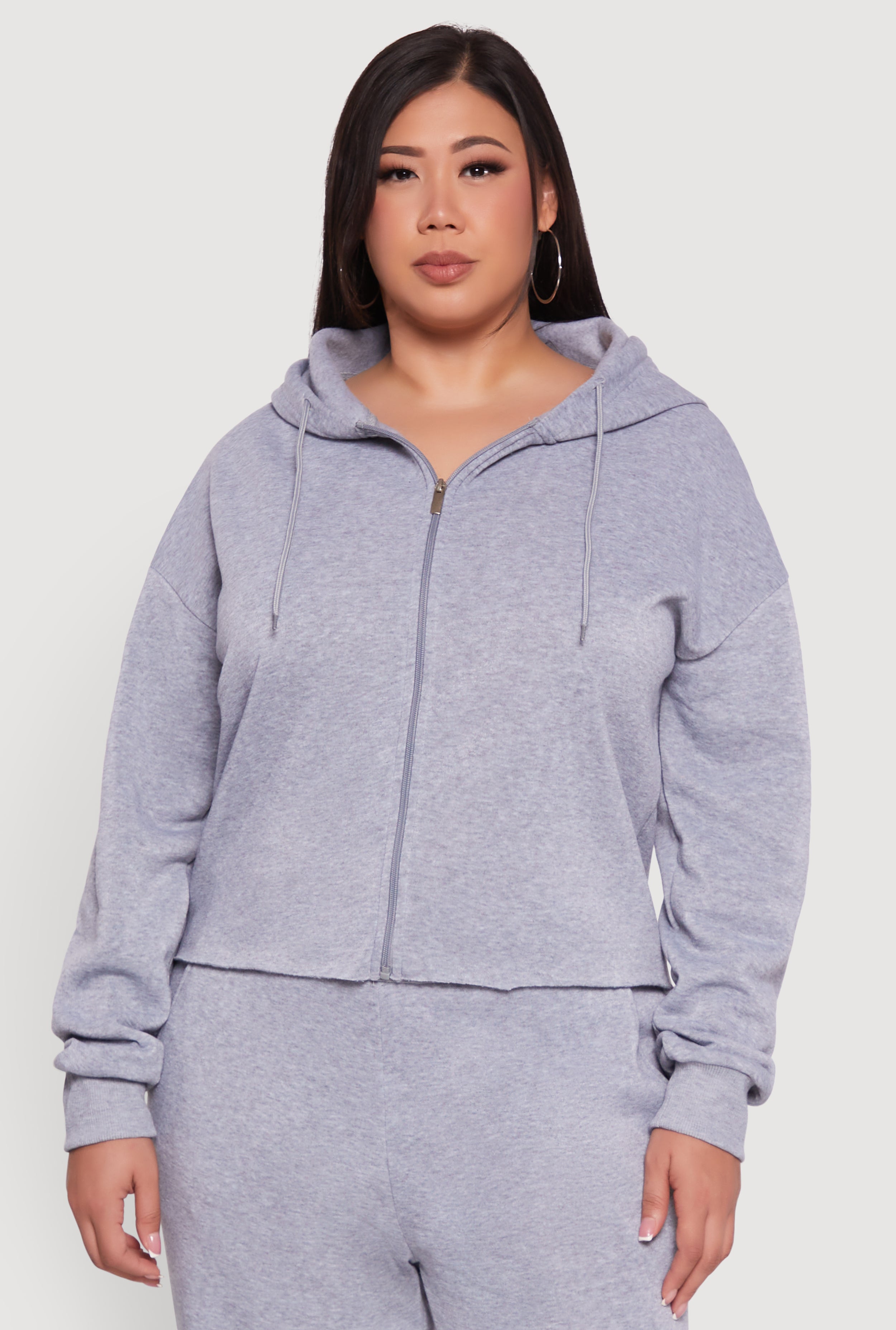 Plus Size Raw Hem Zip Front Hooded Sweatshirt