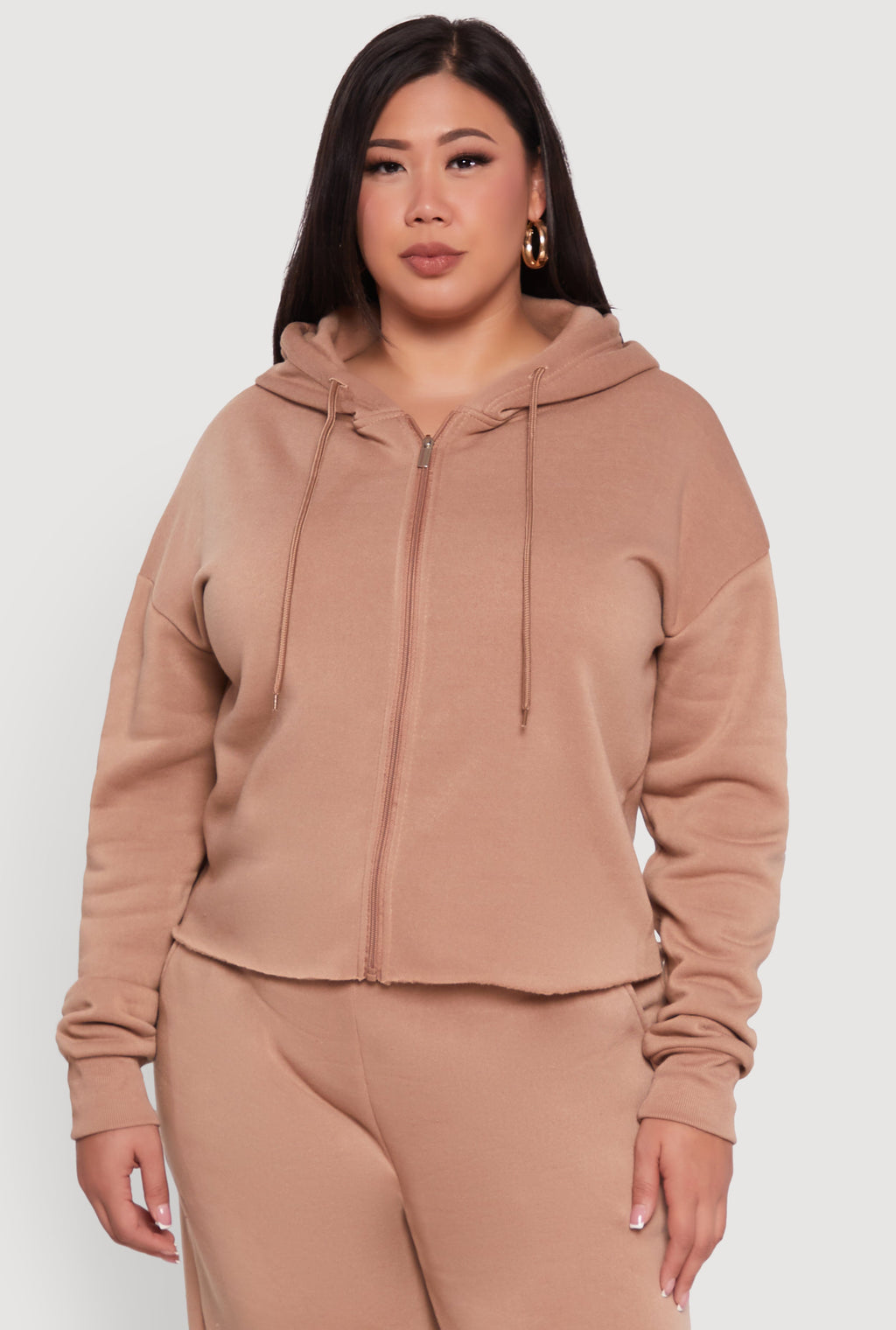 Plus Size Raw Hem Zip Front Hooded Sweatshirt