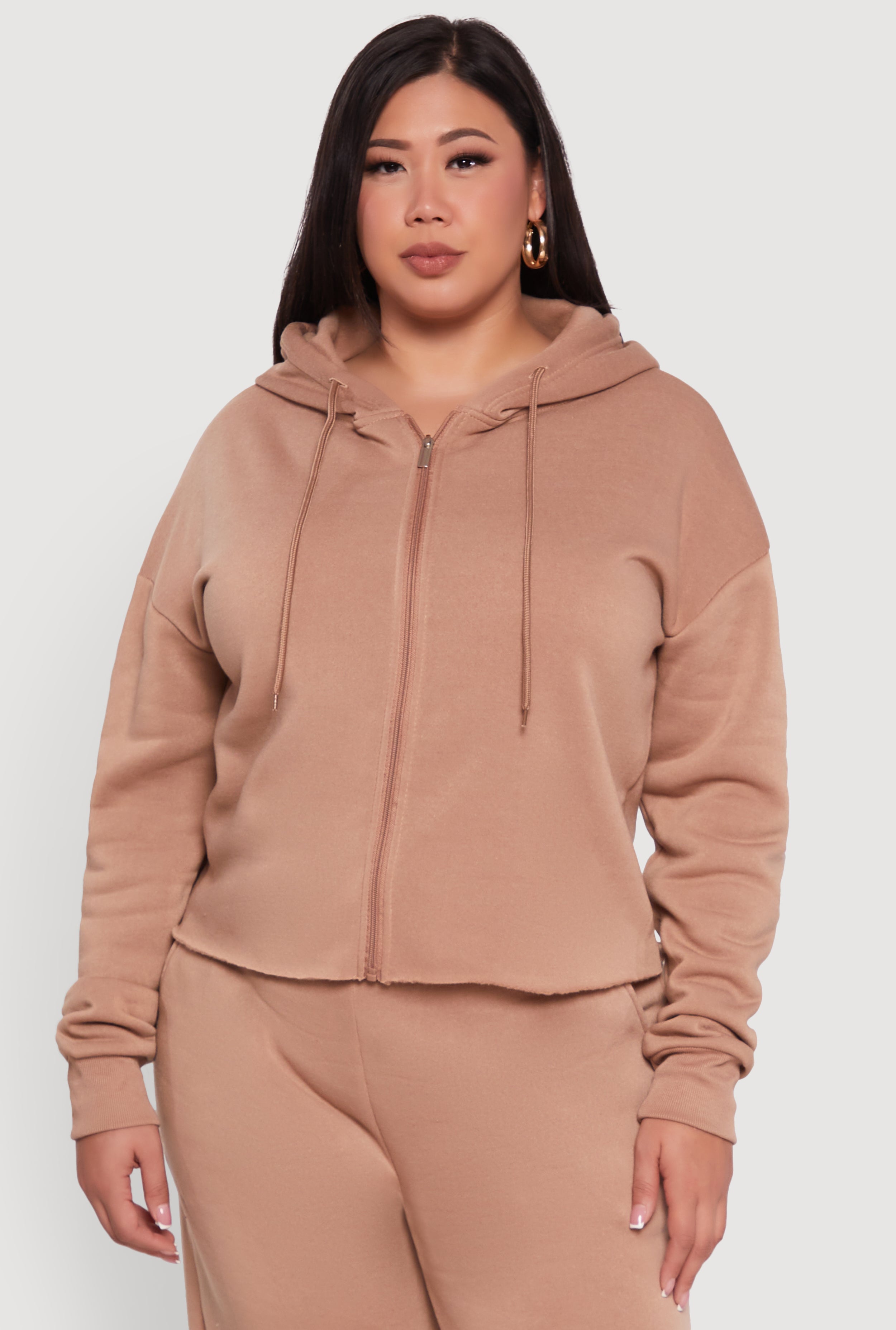 Plus Size Raw Hem Zip Front Hooded Sweatshirt