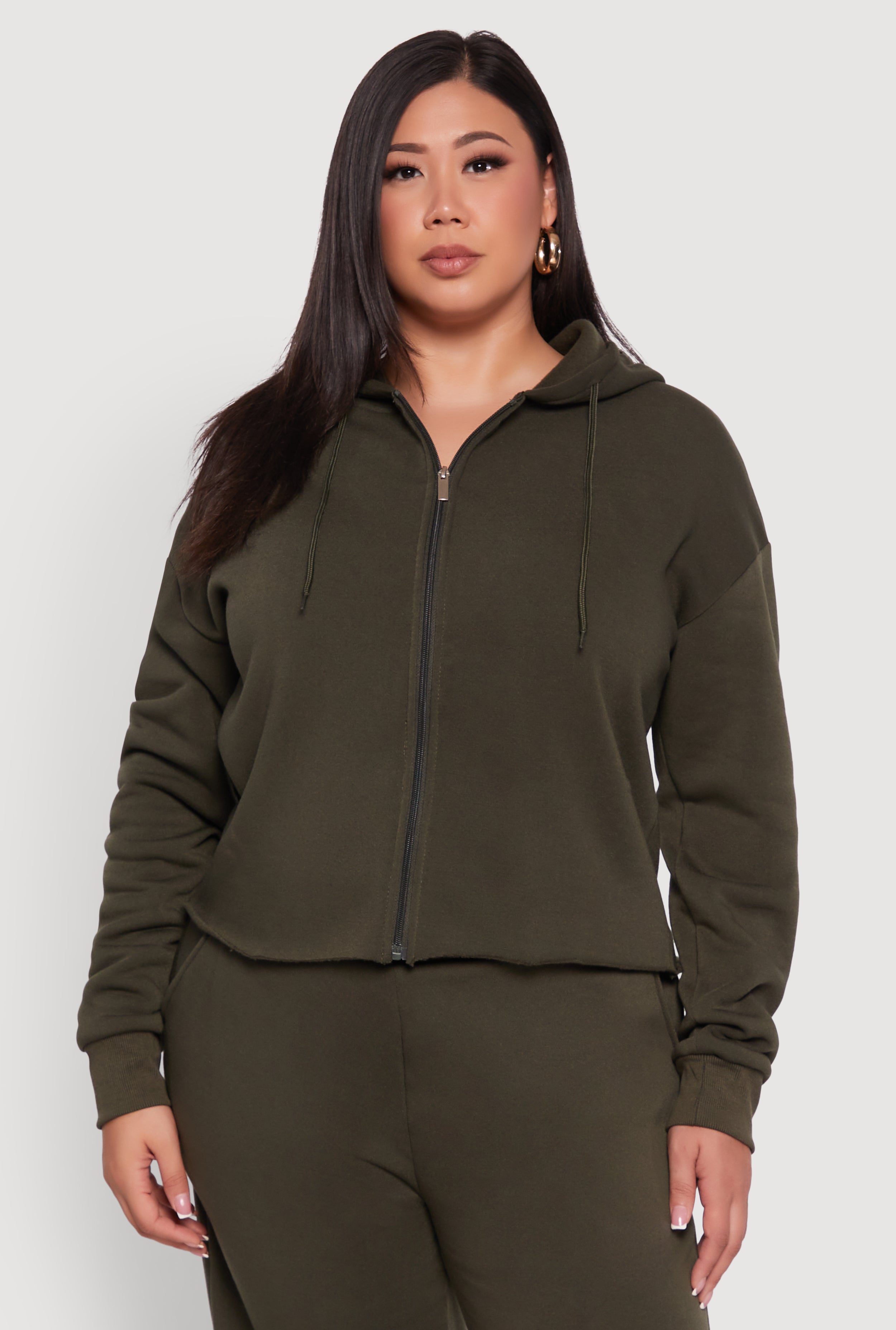 Plus Size Raw Hem Zip Front Hooded Sweatshirt