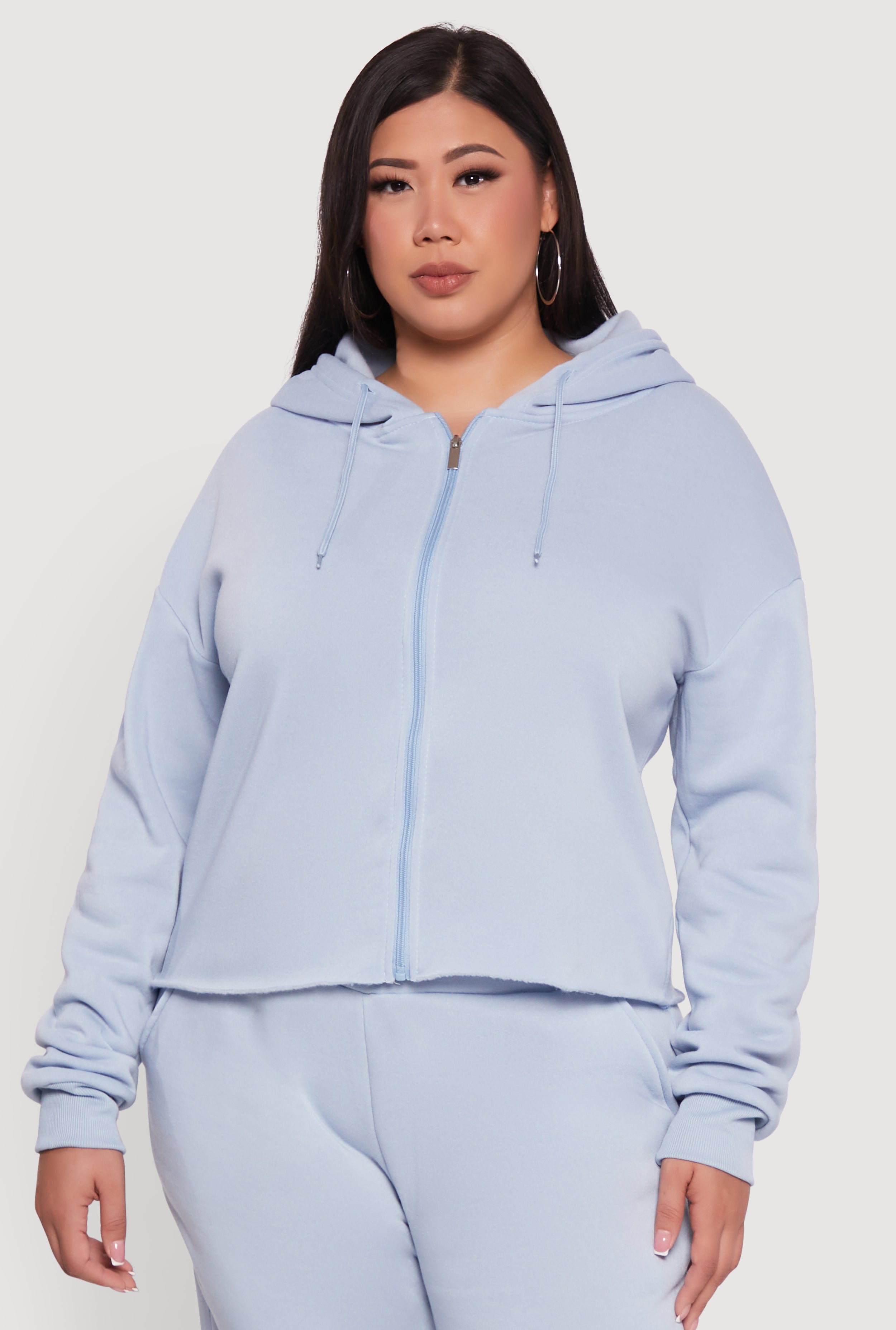 Plus Size Raw Hem Zip Front Hooded Sweatshirt