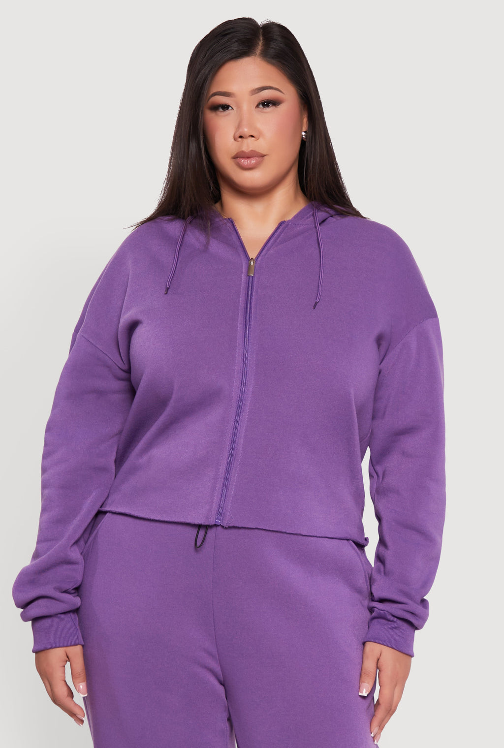 Plus Size Raw Hem Zip Front Hooded Sweatshirt