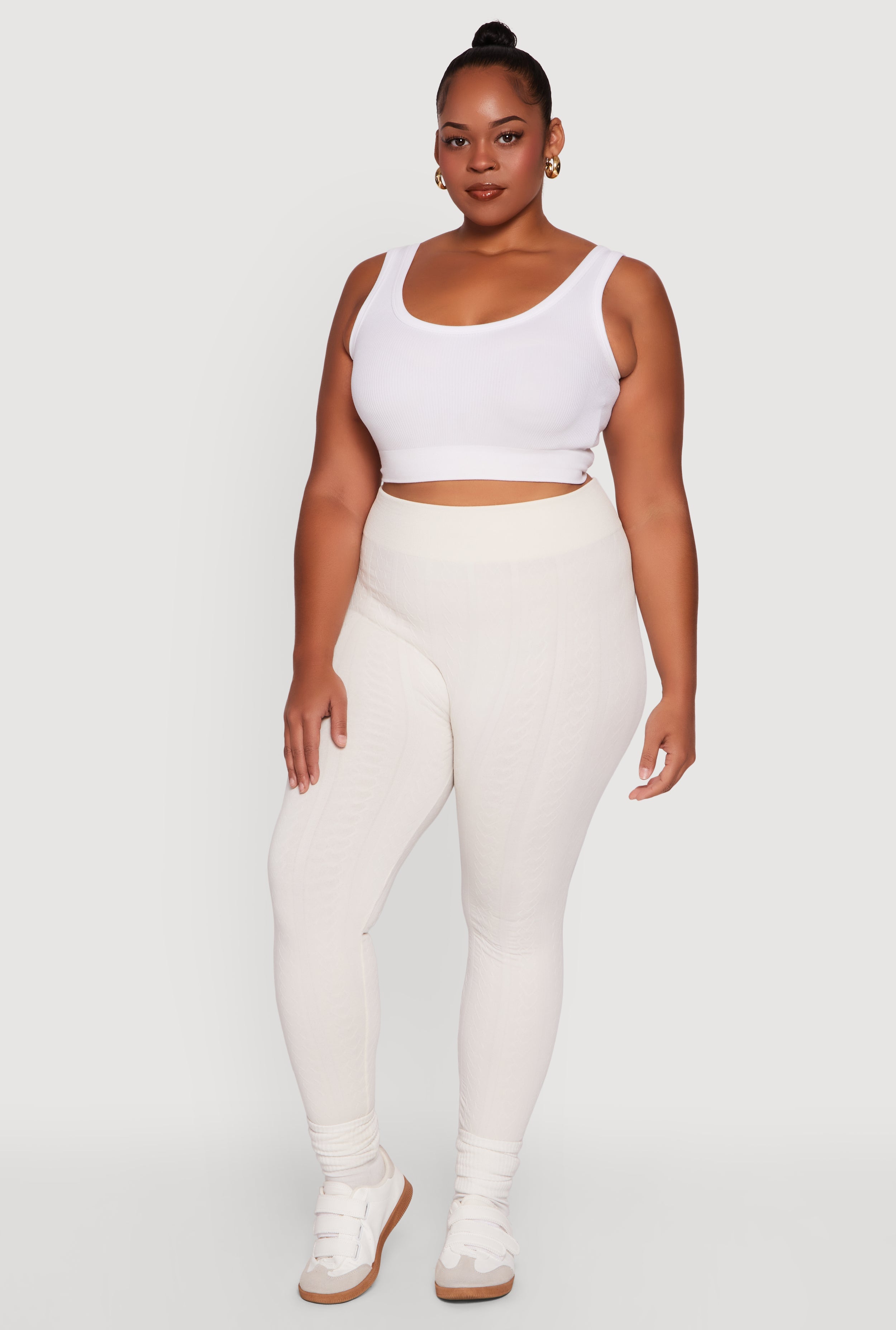 Plus Size High Waisted Fleece Lined Textured Knit Leggings