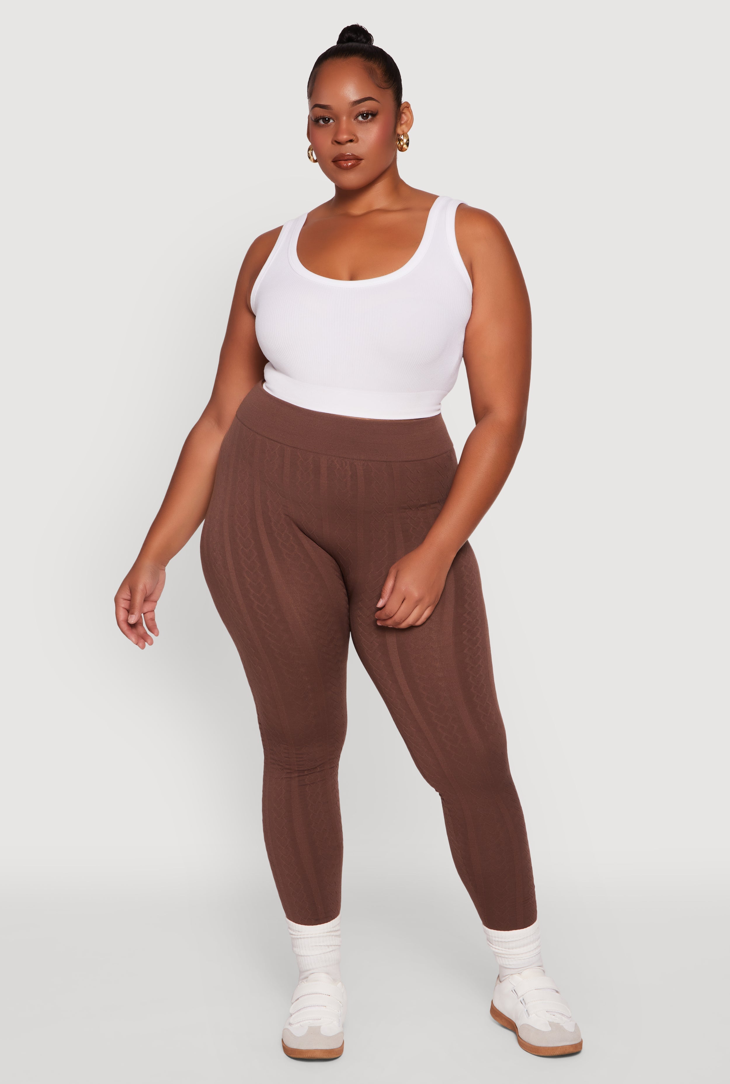 Plus Size High Waisted Fleece Lined Textured Knit Leggings