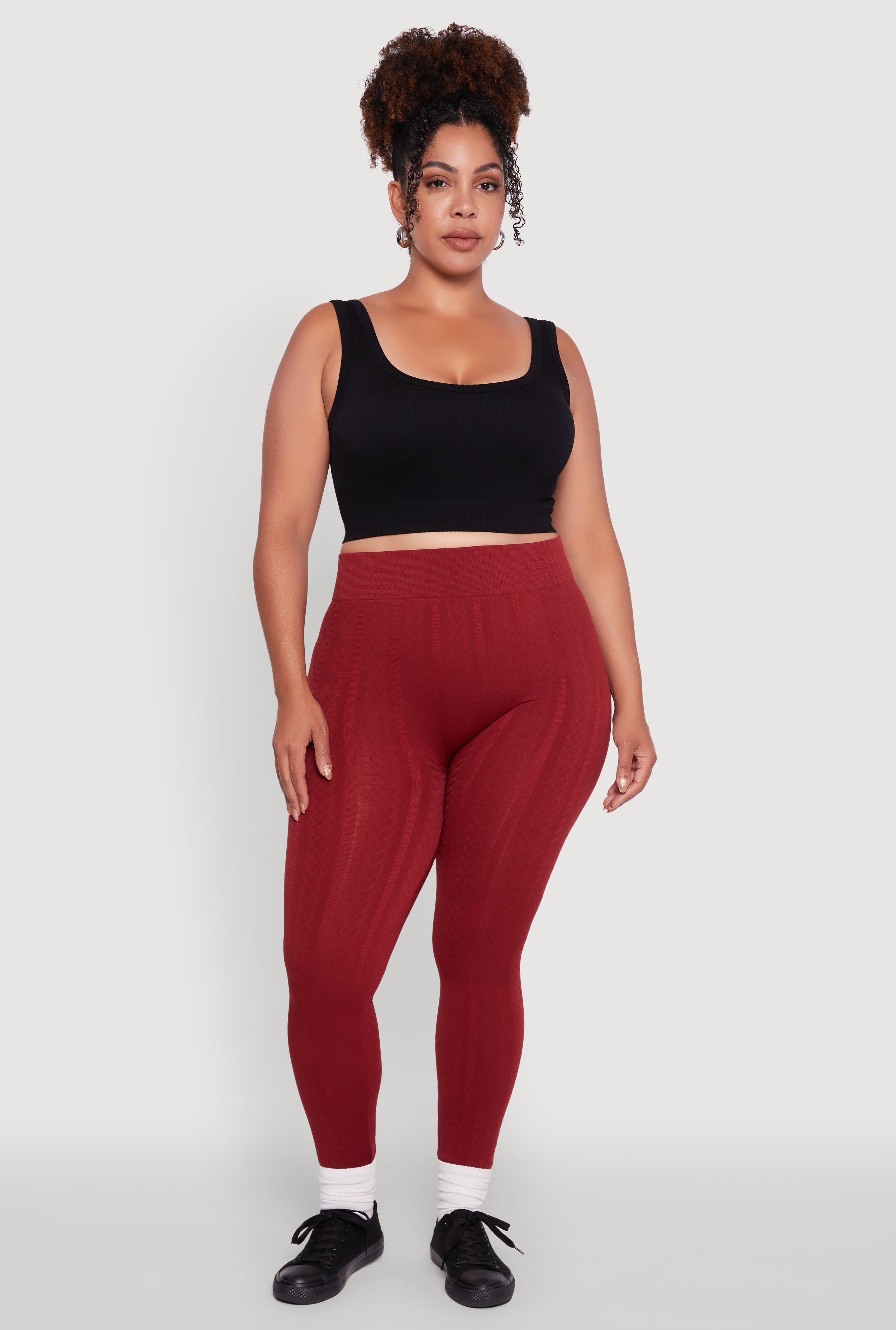 Plus Size High Waisted Fleece Lined Textured Knit Leggings
