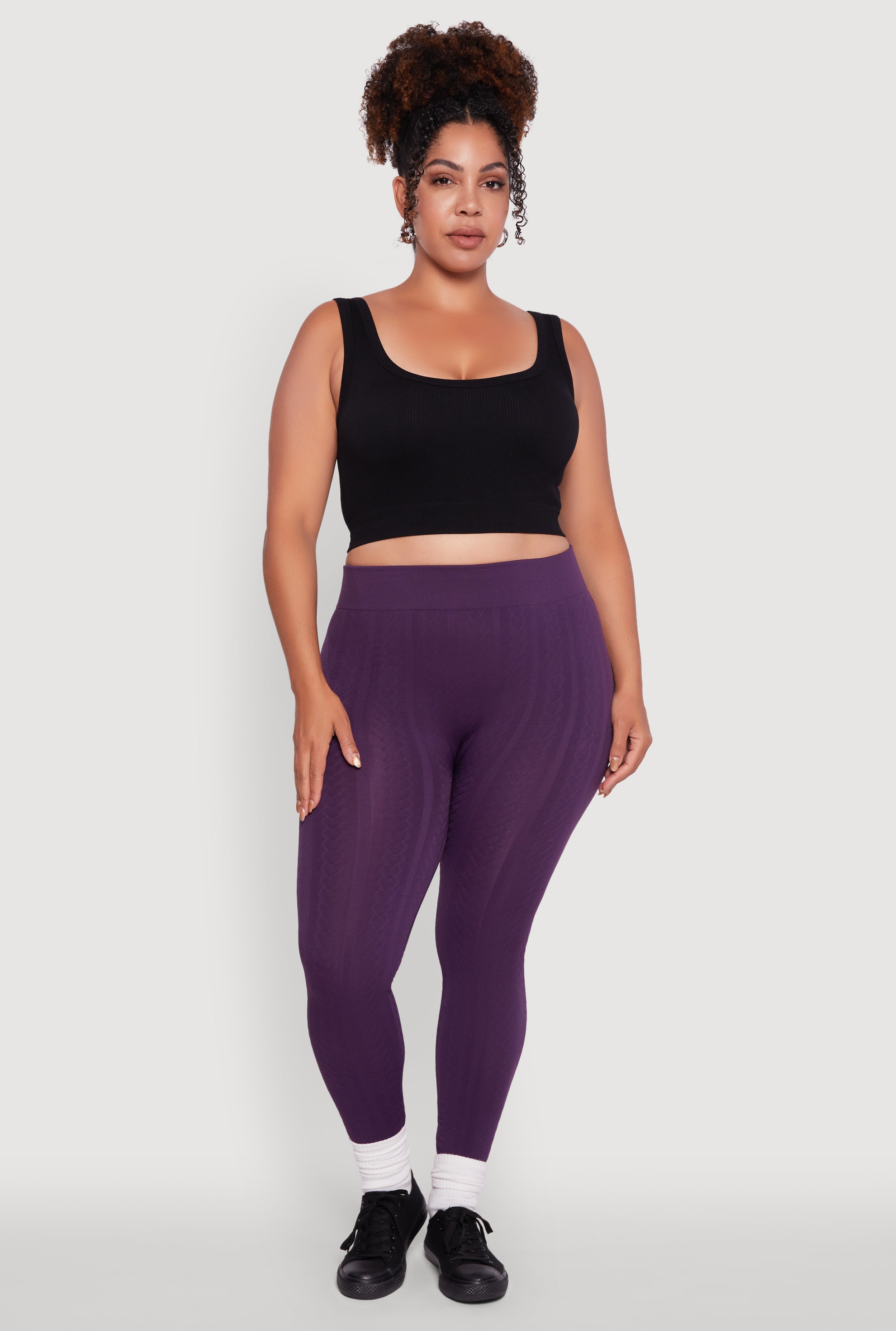 Plus Size High Waisted Fleece Lined Textured Knit Leggings